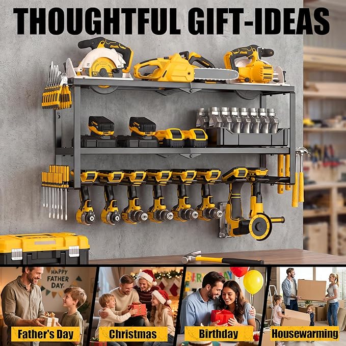 MOOMSINE Power Tool Organizer Wall Mount, Heavy Duty Metal Tool Storage Rack Loads 320lbs, 8 Cordless Drill Holder 3 Layer for Garage, Workshop, Tool Room, Gift for Men