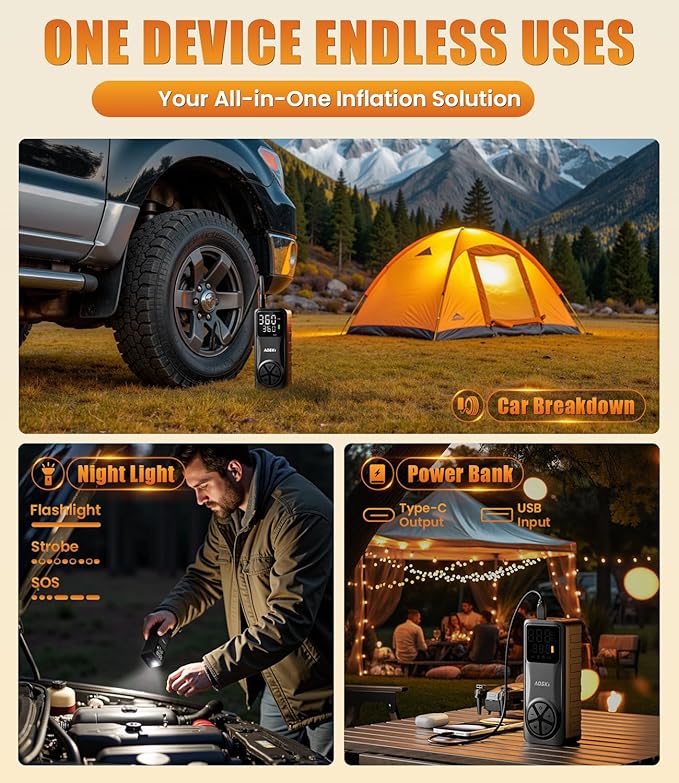 Tire Inflator Portable Air Compressor: 150PSI Rechargeable Air Pump with Digital Pressure Gauge, LED Light and Auto Shut-Off - Fast Inflation for Car, Motorcycle, Bike, and Ball - Black
