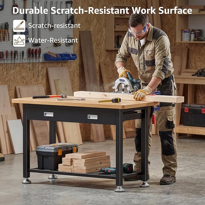 39" Heavy Duty Work Bench With Drawer and Storage for Garage, Small Wood Top and Metal Workbench for Crafts 3d Printer Work Table Tool Chest Workbenches Crafting Table Working Station Shop Bench