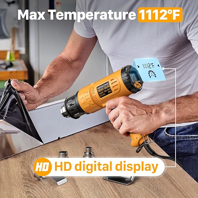 Heat Gun, SEEKONE 1800W Hot Air Gun Kit with Large Digital LCD Display Variable Temperature (122°F-1112°F) Memory Settings and 4 Nozzles for Paint Remover/Stripper, Home Improvement/Restoration