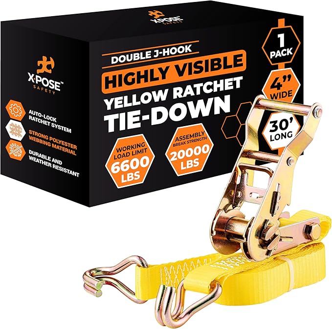 Xpose Safety 1-Pack Retractable Ratchet Straps with Double J Hooks, Heavy Duty 4" x 30', 20,000 lbs Break Strength Tie-Downs for Truck, Trailer, Kayak & Motorcycle