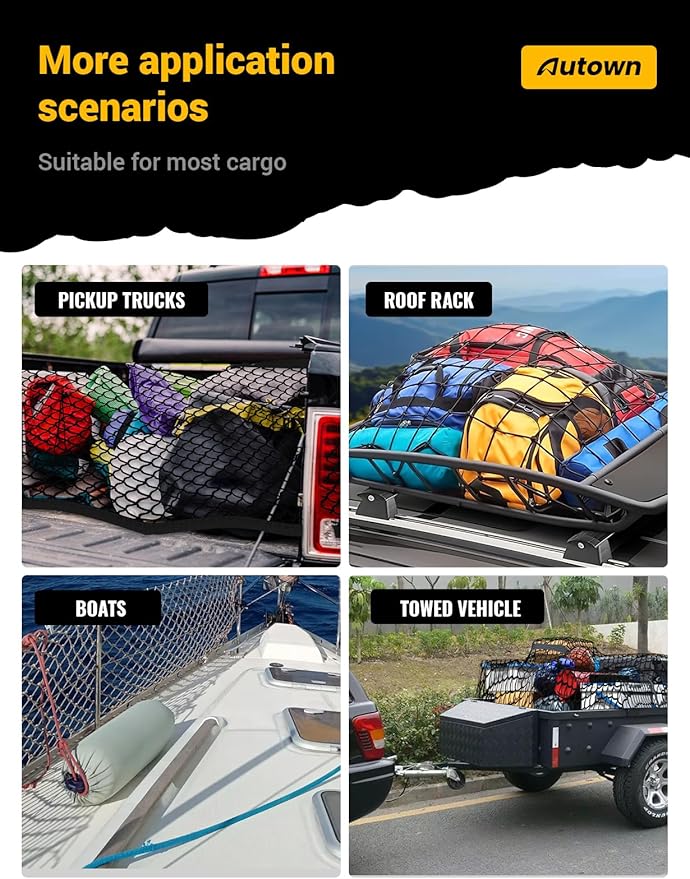 AUTOWN Cargo Net for Pickup Truck Bed - Stretchable 4'x4' to 7'x7', High Elastic Fine Mesh 1''x1'' with 8 Metal Carabiners - Ideal for ATV, SUV, UTV, Truck and Boat Use (Double Layer)