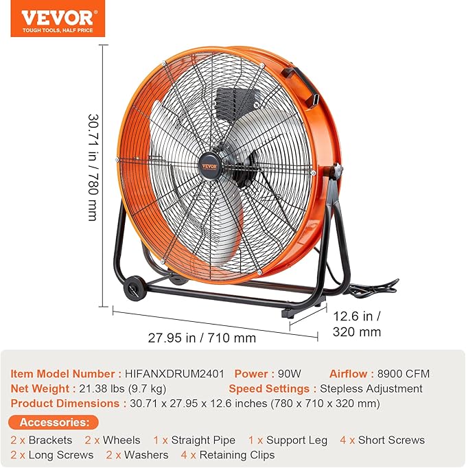VEVOR 24" Industrial Drum Fan, 8900 CFM High Velocity Shop Fan with Stepless Speed Control, 360° Adjustable Tilt, Heavy Duty Floor Fan for Warehouse, Workshop, Commercial Use, 5ft Cord