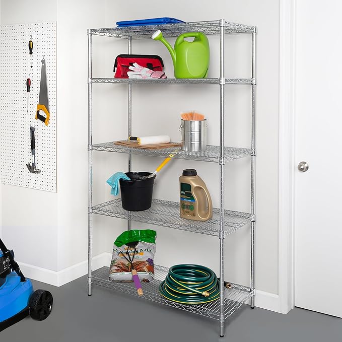 Honey-Can-Do 5-Tier Heavy-Duty Adjustable Shelves, Metal Storage Rack with 800-lb Shelf Capacity, Chrome, 18" W x 42" L x 72" H