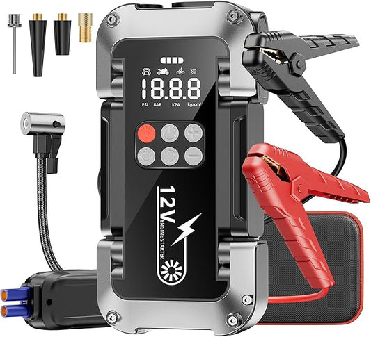 Car Jump Starter with Air Compressor, 4000A Portable Jump Starter Battery Pack with 150PSI Tire Inflator (All Gas/8L Diesel) Jump Box 12V Car Battery Charger, 3 Modes Flashlight and Jumper Cables