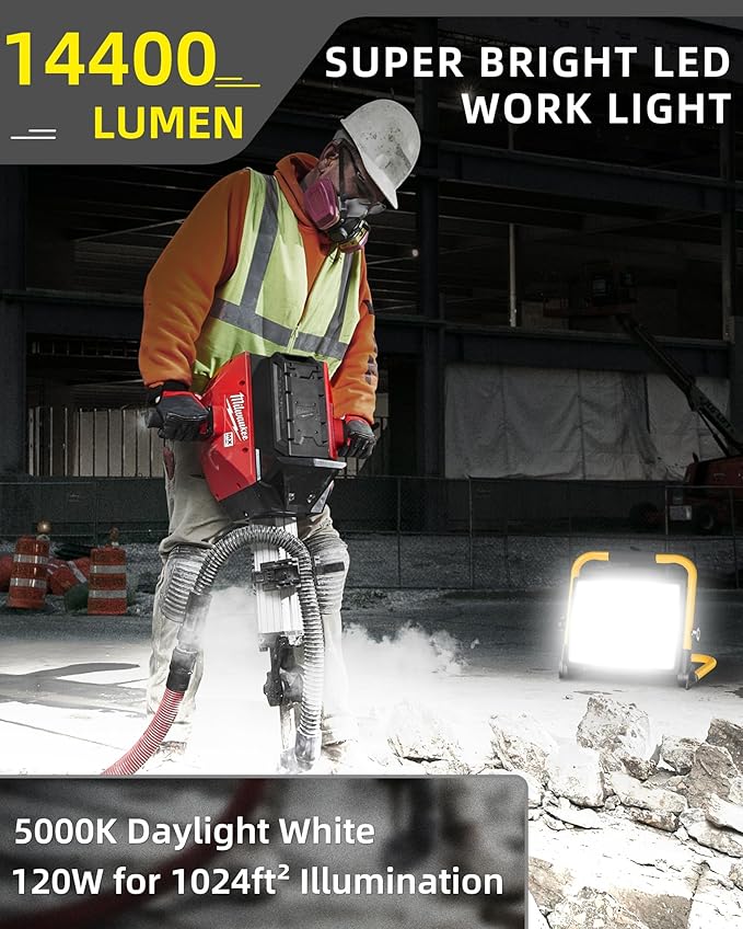 14400LM LED Work Light, 120W Flood Light with 16FT Cord & Switch, Portable Worklight with Stand, 5000K IP66 Waterproof Construction Lighting for Job Site Repairing Workshop Garage