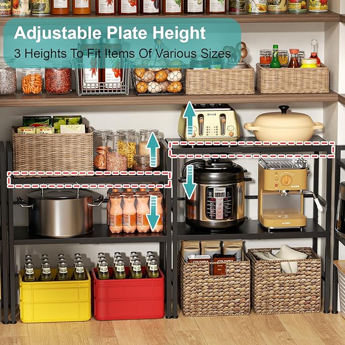 Expandable Metal Storage Shelves, 300 LBS Heavy Duty Metal Shelving Unit Rack For Pots And Pans Appliances Heavy Items, Adjustable 2 Tier Storage Shelf Rack Organizer For Kitchen Pantry Garage Laundry