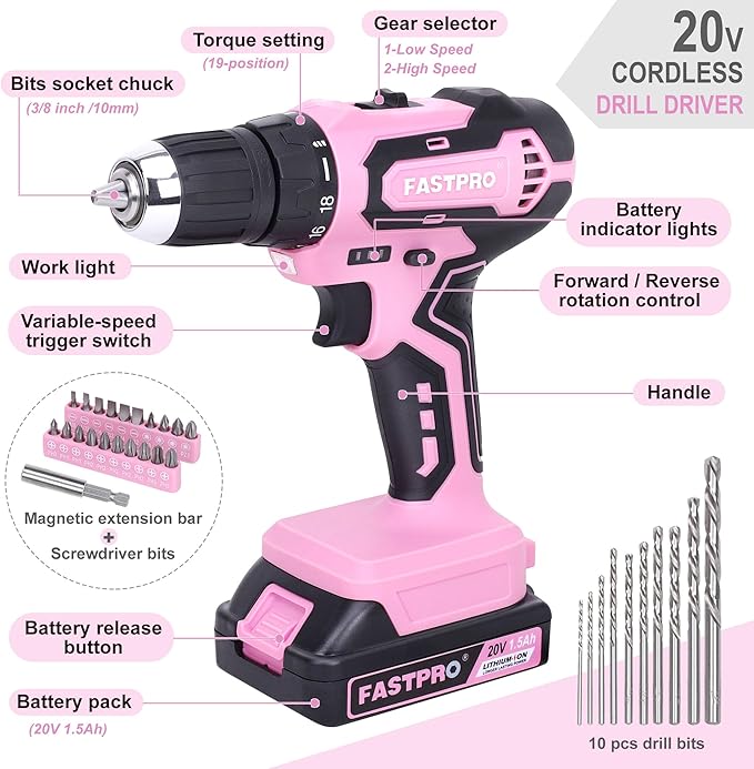 FASTPRO 177-Piece 20V Pink Cordless Lithium-ion Drill Driver and Home Tool Set, Lady's Home Repairing Tool Kit with Drill in Storage Case