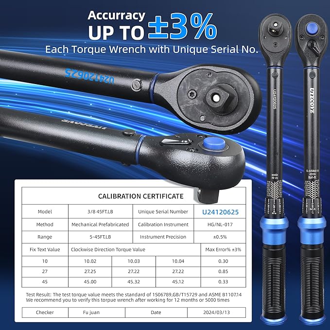 3/8-Inch Drive Click Torque Wrench, Dual-Direction Click Professional Torque Wrench 5-45FT.LB/6.8-61N.M, Dual Range Scales Graduated in FT.LB and N.M, Blue