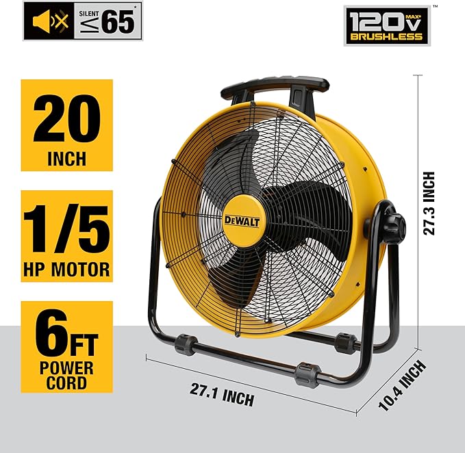 DEWALT DXF2042 Industrial Fan, 20 Inch High Velocity Fans with 3-Speed Adjustable Tilting Head, Drum Fan for Outdoor, House and Warehouse, Yellow