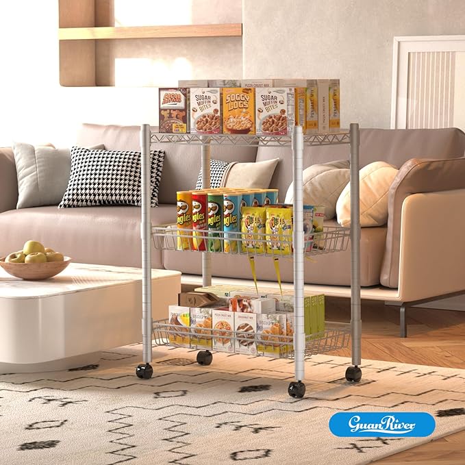 Guan River 3 Tier Wire Shelving Wire Basket Shelf Storage Cart Adjustable Metal Shelf 2 Bottoms for Choose(Castor or Leveling Feet) for Office,Kitchen,Bedroom,Silver(23.23" L x 13.11" W x 32.28" H)