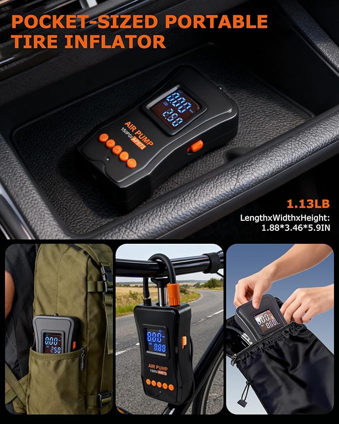 Tire Inflator Portable Air Compressor, 150PSI Dual Power - 4000mAh & 12V DC, Cordless Mini Bike Pump with Digital Dual Values Display/LED Light, tire Air Pump for Car Tires, Bike, Motorcycle, Bicycle