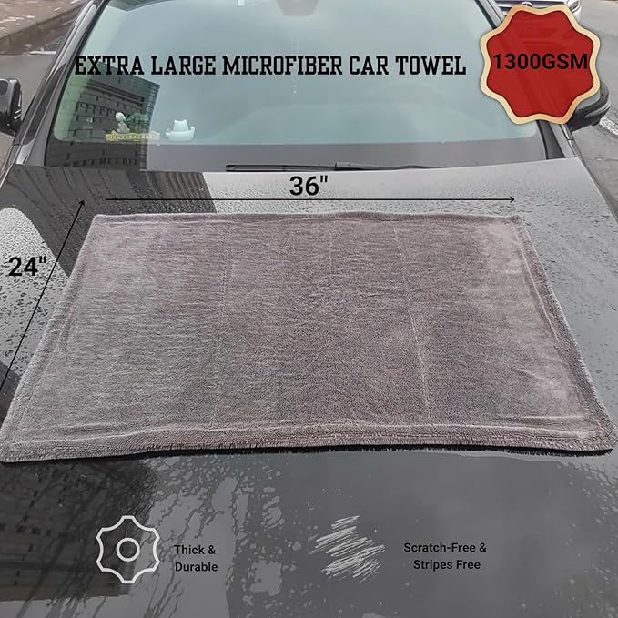 Extra Large 24x36 Car Drying Towels, 1300GSM Absorbent Microfiber, Double Twisted Velvet, Rinse-Free Streak-Free, One Pass Soft Efficient Drying, for Car Detailing, SUV Truck Exterior Care