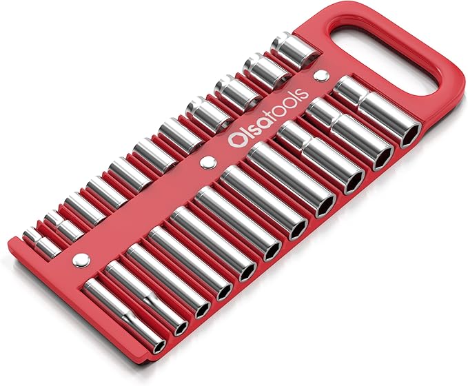 Olsa Tools Magnetic Portable Socket Organizer Tray - 1/2-Inch Drive - Red Holder for Deep & Shallow Sockets - Fits up to 1-3/16" SAE or 30mm Metric - Quality Product for Professionals - Part 1077