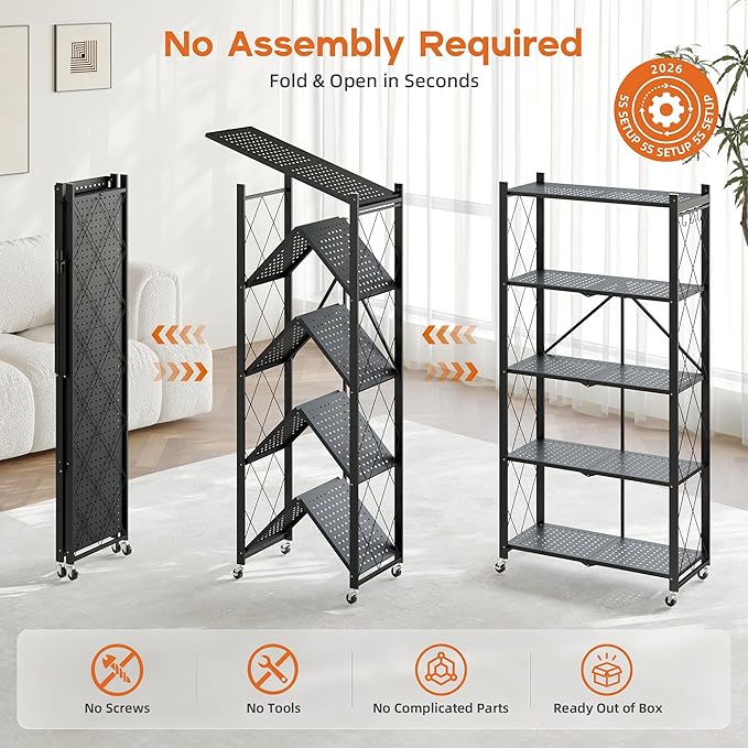 Fenbeli Folding Shelving Unit 5 Tier with Wheels & Hooks, No Assembly Foldable Collapsible Storage Shelf 60 lbs Per Shelf, Rolling Metal Rack for Kitchen Pantry Garage Craft Show Display