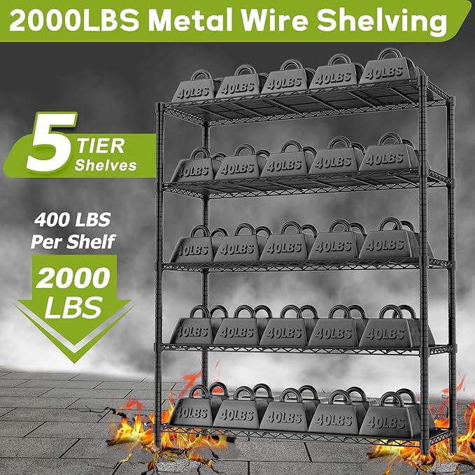 45" W x 20" D x 72" H Heavy Duty Wire Shelving Unit, 5-Tier Utility Storage Rack 2000 lbs Capacity, Adjustable Garage Shelves for Kitchen Garage Pantry, Easy Assembly