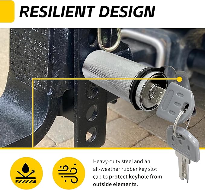 MaxxHaul 50058 Hitch Receiver Lock with 1/2" and 5/8" Pins - Universal Anti-Theft Trailer Lock for Class I, II, III, IV, and V Receivers - Press-to-Lock Technology with 2 Keys - Chrome Finish