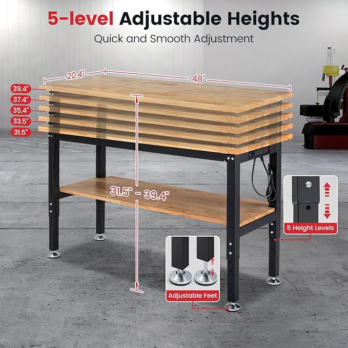 ENJOYWOOD 48" x 20" Heavy Duty Workbench Adjustable Height Garage Work Table with Solid Rubberwood Top, Double Layer Shelf, Pegboard & Power Outlets for Workshop, Home & Office