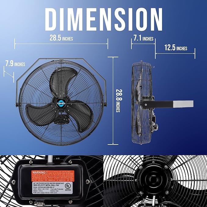 Tornado 24 Inch Outdoor Rated IPX4 Water-Resistant High Velocity Metal Industrial Workstation Wall Mount Fan For Commercial, Industrial, Residential, Greenhouse Use TEAO Motor 3 Speed UL Safety Listed