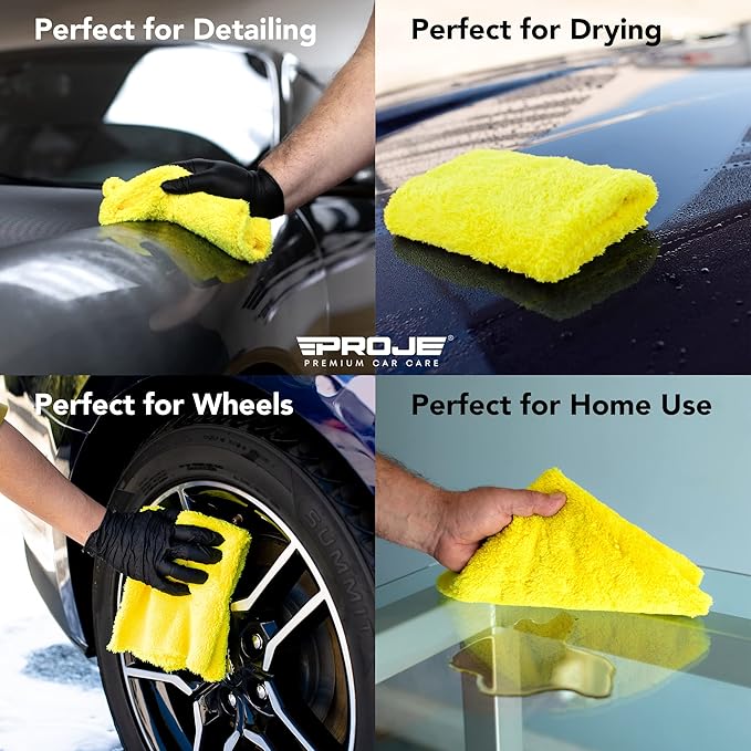 PROJE' Yellow Microfiber Towel for Car - Ultra Absorbent - Car Drying, Polishing, Buffing Cloth & Interior Detailing Towel - 500 GSM 16x16in - Auto Detailing Supplies - Pack of 6 Premium Car Care