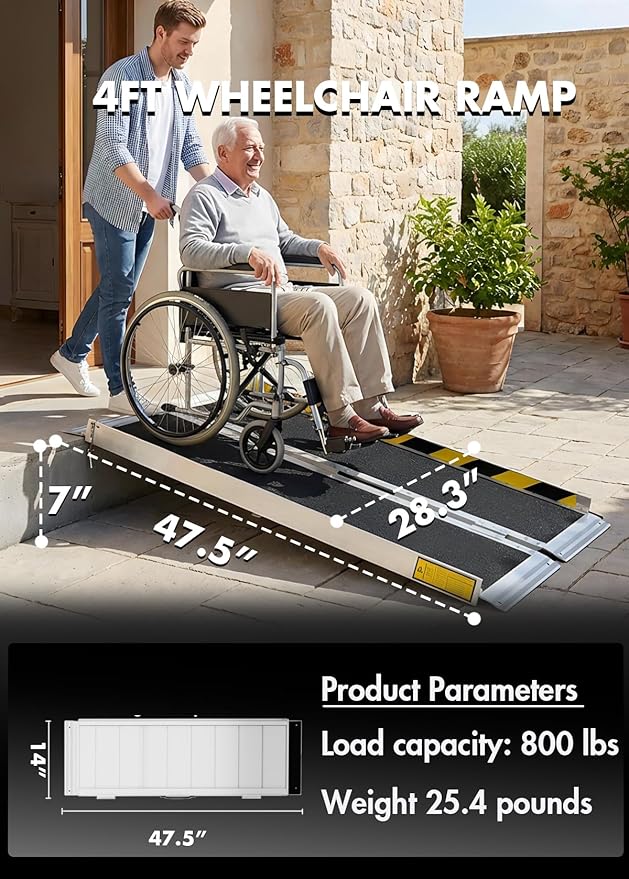 Portable Wheelchair ramp 4FT,Non-Slip Aluminum Threshold ramps for Home Steps,Folding Handicap Ramp,ramps for Home,doorways,Stairs,Weight Capacity up to 800LBS 4FT (Usable Height 4-12 inch)