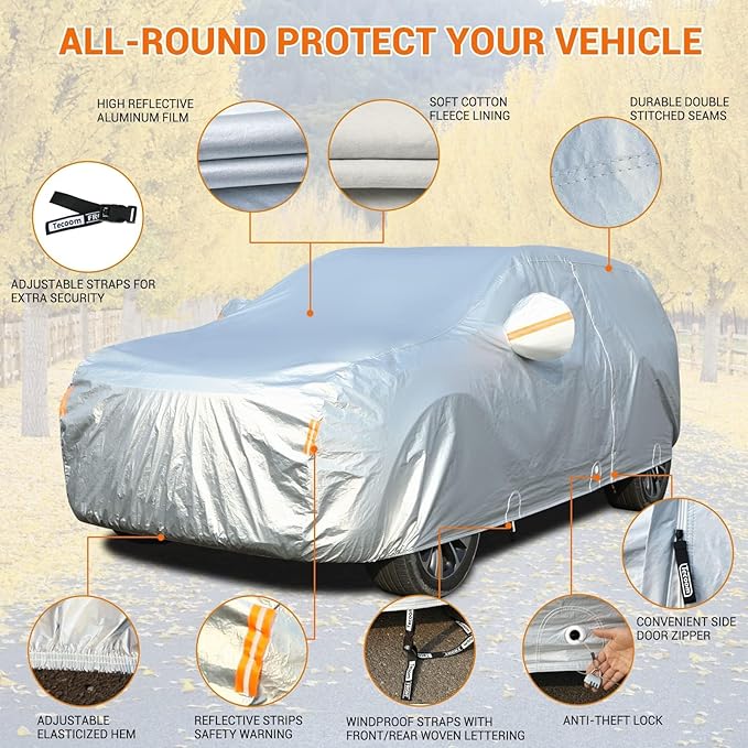 Tecoom Waterproof SUV Car Cover, Fleece Lined Outdoor Winter Cover with Zipper Door & Lock, Wind Snow Sun UV All Weather Protection, Fit for SUV (216"–230")