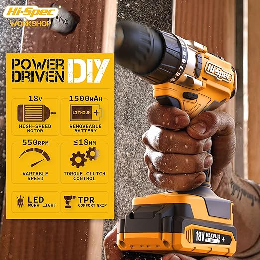 Hi-Spec 58 Piece 18V Cordless Drill Driver & S2 Steel Bit Set in a Zipper Case. Electric Power Screwdriver & Drilling DIY Tool for Metal, Wood & Masonry in the Home, Garage & Workshop