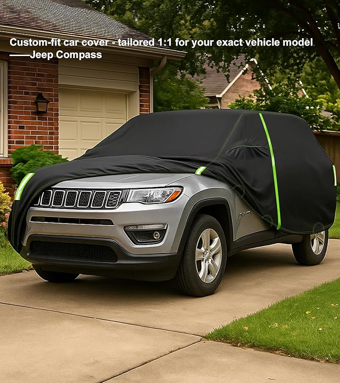 Custom Fit for Jeep Compass Car Cover 2007-2025 Compact SUV Covers 100% Waterproof with Zipper Door & Side Mirror Pockets All Weather Snowproof Rain Hail UV Protection Outdoor Full Cover