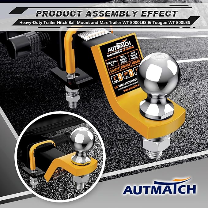 AUTMATCH Trailer Hitch Ball Mount with 2 Inch Hitch Ball - Fits 2" Receiver with Hitch Tightener, 8000Lbs Capacity Ball Hitch, 2-Inch Drop with 5/8" Hitch Lock Pin, Yellow & Black