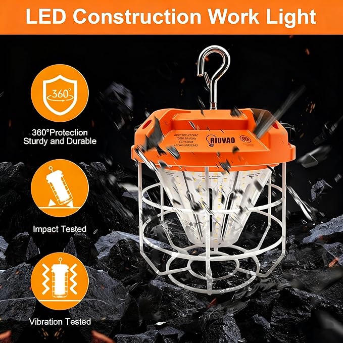 LED Temporary Work Light 100W, 15000Lm, 5000K Daylight White, Portable, Connectable LED Worksite Light with Hook, IP65 Dustproof and Waterproof, Suitable for Wet Locations and Construction Sites