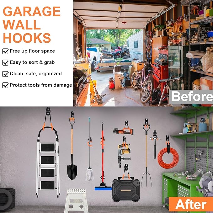 EZ COZY 16 Pack Garage Hooks Heavy Duty – Wall Mount Utility Hooks for Hanging, Garage Organization, Tool Hangers for Garage Wall, Ladder Holders, Assorted Sizes with Mounting Screws (Orange)