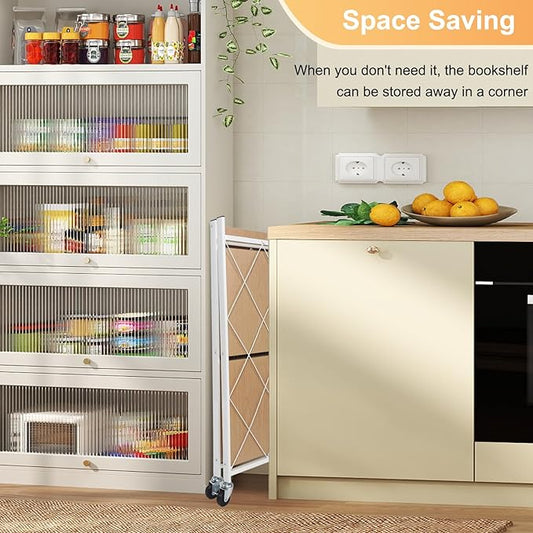 3 Tier Folding Shelf with Wheels, Metal Steel Collapsible Shelves, Folding Bookshelf no Assembly, Portable Folding Storage Shelves, Rolling Standing Utility Rack for Kitchen, Office, Bedroom, Natural
