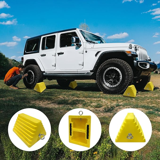 HOXWELL Premium 4 pcs Heavy Duty Wheel Tire Chocks, Vehicle Chocks with Eyebolt for Travel Trailers, Camper, Truck, Car and ATV 4 Pack, Yellow