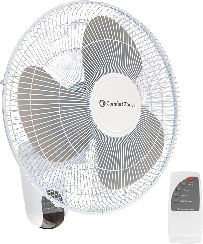 Comfort Zone 16-Inch Fan with Remote Control – Quiet 3-Speed Oscillating Indoor Fan with 90° Wide-Angle Airflow, Timer & Sleep Modes – Space-Saving Wall Fan for Bedroom, Home Gym & Office, White