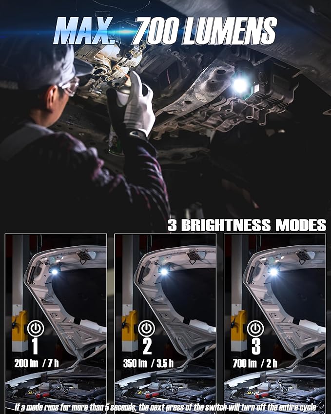Work Light, 700 Lumen Rechargeable Magnetic Light with 3 Modes & 360° Pivoting Head for Mechanics & Outdoor Use (Green)