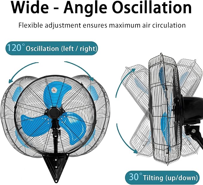 AZOUTDOOR Wall Mount Fan 7000 CFM, 20" High Velocity Wall Oscillating Fan 3-Speed Industrial Walls Fans for Indoor, Ercial, Residential, Industrial, Warehouse, Greenhouse, Workshop, Basement Use-ETL