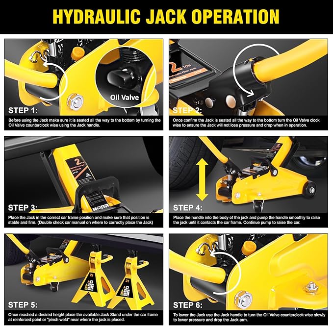 DNA Motoring 2 Ton Car Jack and Stands Kit 2T(4000 lbs) Capacity Low Profile Hydraulic Trolley Service/Floor Jack with 2 Ratchet Stands Combo for Home Garage Shop, Yellow, TOOLS-00476-YL