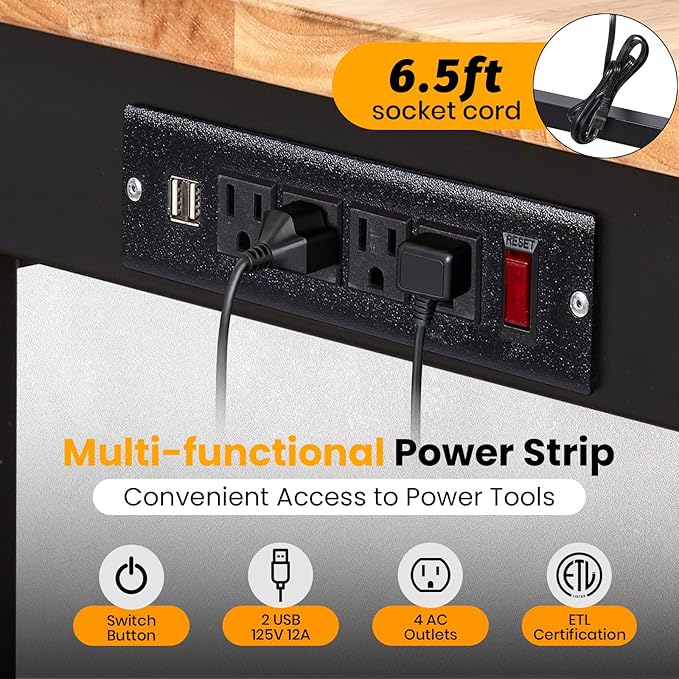 48" Adjustable Workbench with Power Outlet, 8-Levels Height Adjustable Work Table, Rubber Wood Heavy Duty Workbenches with Wheels & Pegboard for Garage Office Workshop Home Commercial