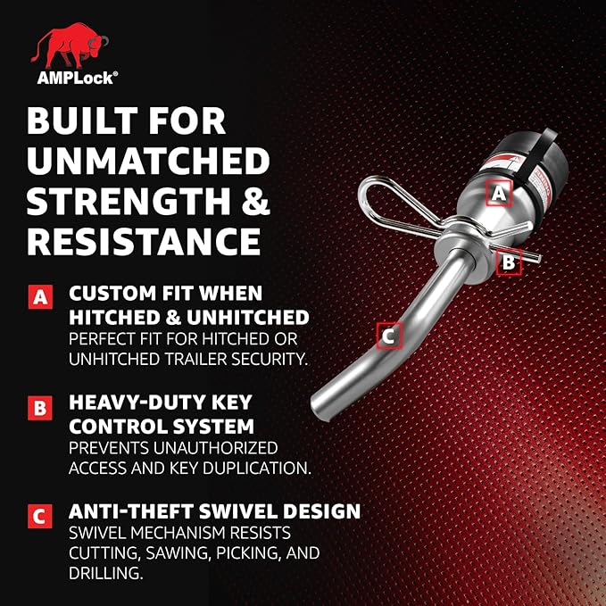 AMPLock - U-HLP12 1/2" Heavy Duty Trailer Hitch Lock with Swivel Design - Anti theft, Keyed Alike, Patented RV Trailer Hitch Lock Pin with Keys for 1.25"x1.25" Receiver Tube, Stainless Steel Tow Locks