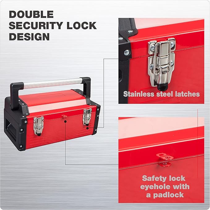 Jack Boss Metal Tool Box Steel 16" Inch Tool Organizer Box Durable Portable Tool Storage with Alum Alloy Handle Double-Lock Toolbox & Removable Tray …