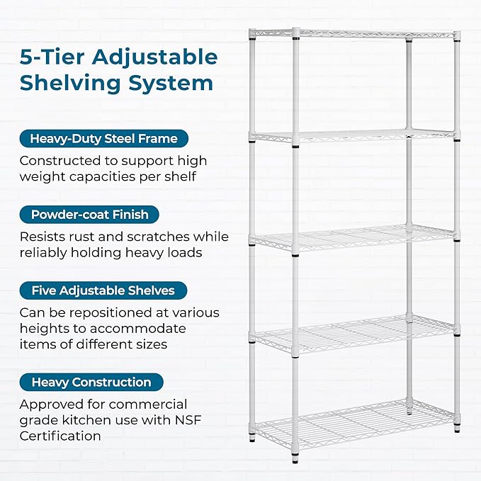 Honey-Can-Do 5-Tier Heavy-Duty Adjustable Shelves, Metal Storage Rack with 200-lb Shelf Capacity, White, 14" W x 36" L x 72" H
