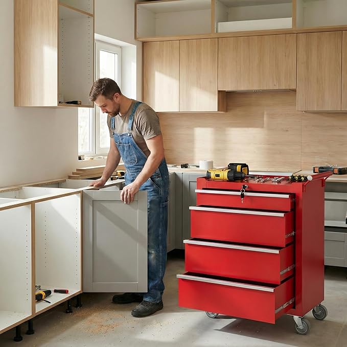 IDEALHOUSE Rolling Tool Chest, 4 Drawers Tool Storage Cabinet, Toolbox with Wheels, Portable Tool Cabinet Organizer with Locking System & Drawer Liners, Tool Storage Cart for Garage, Workshop, Red
