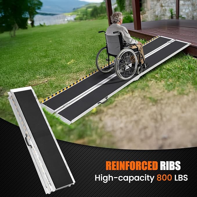 8FT Aluminum Folding Wheelchair Ramp - Heavy Duty 800 lbs Capacity, Portable Ramp for Cars, Stairs, Doorways, Scooters & Home Steps with Non-Slip Surface