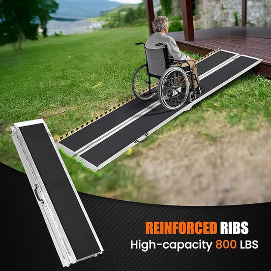 8FT Aluminum Folding Wheelchair Ramp - Heavy Duty 800 lbs Capacity, Portable Ramp for Cars, Stairs, Doorways, Scooters & Home Steps with Non-Slip Surface