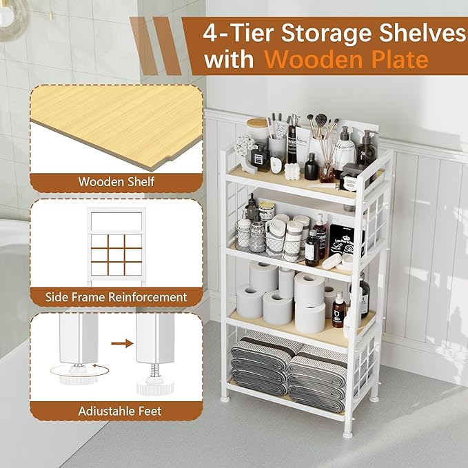 GIOTORENT 4-Tier Pantry Shelves with Wooden Boards, Heavy Duty Storage Shelves & Book Shelf, Adjustable Metal Shelving Unit for Kitchen Bathroom Laundry Organizer, Sturdy Rust-Resistant, White