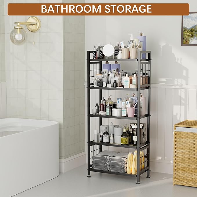 GIOTORENT 5-Tier Kitchen Storage with Wooden Boards, Heavy Duty Storage Shelves & Bookshelf, Adjustable Metal Shelving Unit for Garage Kitchen Bathroom Laundry Organizer, 750LB Capacity, Black