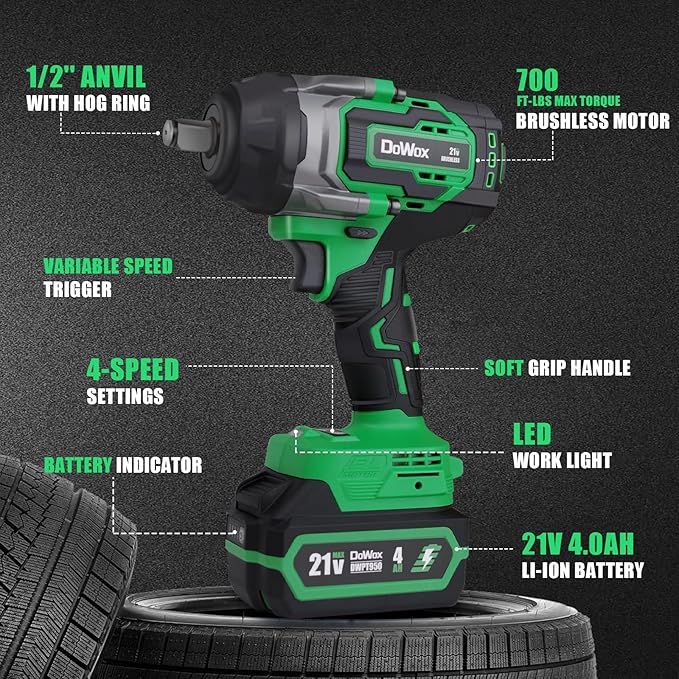1/2 inch High Torque Cordless Impact Wrench, 700 Ft-lb Power Electric Impact Gun, with 2-Hour Fast Charger, 21V 4.0Ah Battery, 1 Tool Bag, 5 Sockets