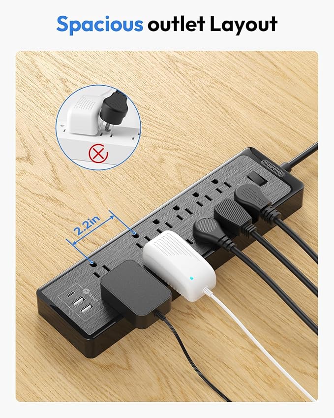 NTONPOWER 15 ft Extension Cord, Flat Plug Surge Protector Power Strip with USB, 12 Outlets Surge Protector Wall Mount, 2100 Joules, 1875W, 15A Circuit Breaker for Home Office Dorm Essentials, Black