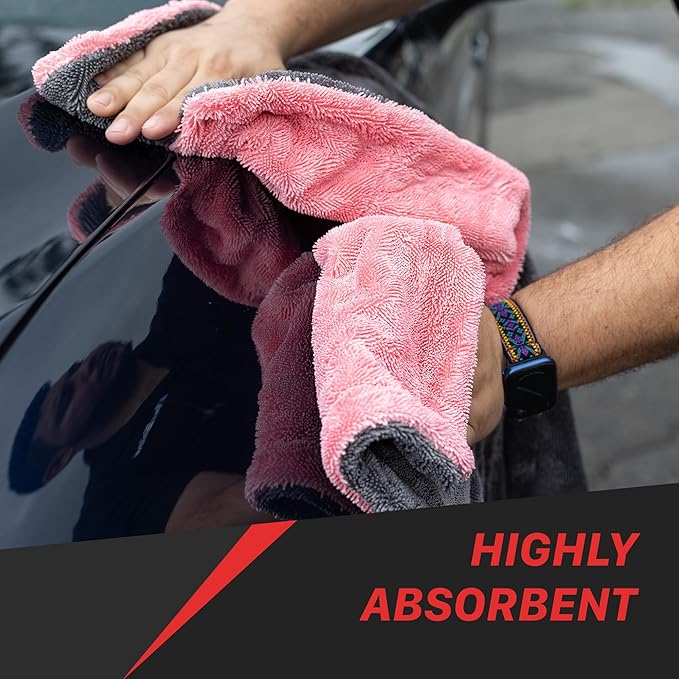 Maxshine 20" x 24" Universal Pink Car Drying Towel – 1200 GSM Rinse-Free Double-Sided Microfiber Towel – Plush, Super Absorbent for Car Wash & Detailing