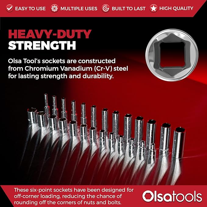 Olsa Tools Metric Deep Socket Set - 1/4-Inch Drive, 14pc - 6-Point Chrome Sockets from 4mm–15mm and No Skipped Sizes - Mechanic Deep Metric Socket Set - Professional Grade Long Sockets - Part: 1327